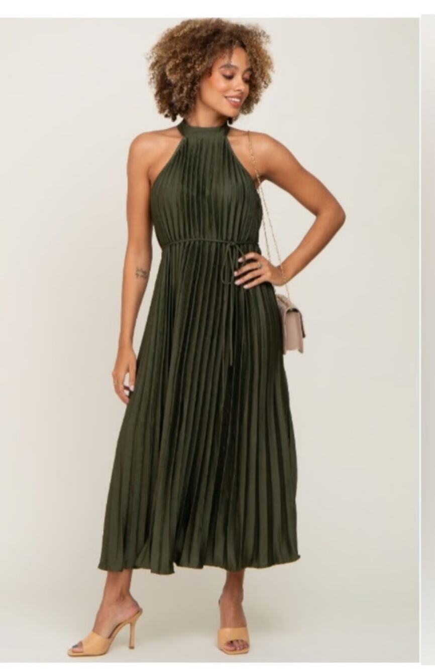 NWT Rosevelvet Halter Neck Pleated Maxi Dress Forest Green Women's Size Large